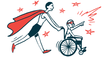 Illustration of a woman in a cape pushing child in a wheelchair.