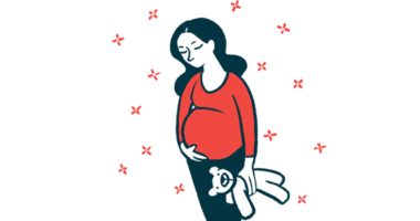 newborn characteristics | Prader-Willi Syndrome News | illustration of pregnant woman holding teddy bear