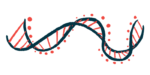 A close-up illustration of a DNA strand highlights its ribbon-like structure.