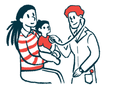 A child sits on a woman's lap as a doctor holds a stethoscope to the child's chest.