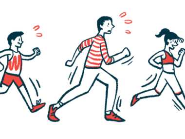 An illustration of three people running.