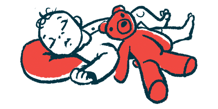 An infant sleeps with their head on a red pillow while a red teddy bear rests on their stomach.