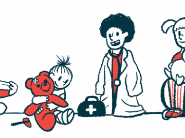 This illustration shows a group of children playing, with one dressed as a doctor and the others and their stuffed toys pretending to be patients.