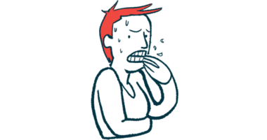 A person bites her fingers, while sweating and showing anxiety.
