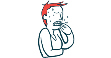 A person bites her fingers, while sweating and showing anxiety.