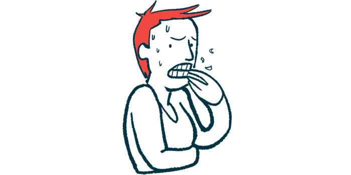 A person bites her fingers, while sweating and showing anxiety.