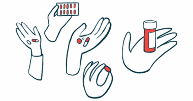 Five hands each hold a different type of medication, one of which is in a prescription medicine bottle.