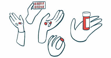 Five hands each hold a different type of medication, one of which is in a prescription medicine bottle.