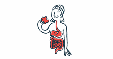 In this illustration of digestion, the digestive system of a person eating an apple is highlighted.