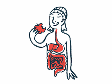 In this illustration of digestion, the digestive system of a person eating an apple is highlighted.