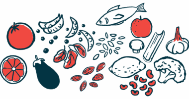 Illustration of healthy foods, including fruits, vegetables, seafood, and legumes.