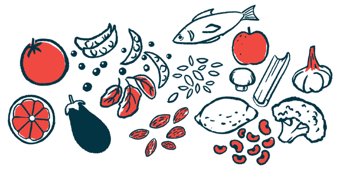 Illustration of healthy foods, including fruits, vegetables, seafood, and legumes.