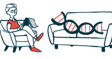 In this illustration of gene therapy, a strand of DNA reclines on a couch while a therapist takes notes.