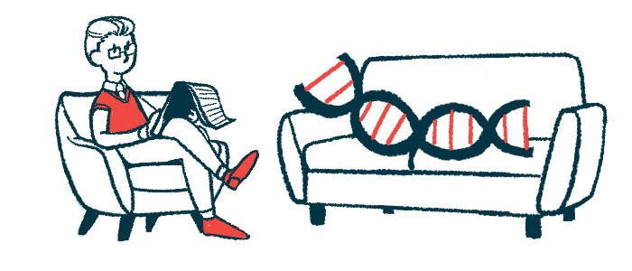 In this illustration of gene therapy, a strand of DNA reclines on a couch while a therapist takes notes.
