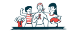 Three adults, one holding a baby, and a child celebrate awareness by embracing, flexing their muscles, and sporting Awareness ribbons.