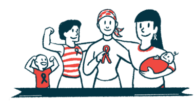 Three adults, one holding a baby, and a child celebrate awareness by embracing, flexing their muscles, and sporting Awareness ribbons.