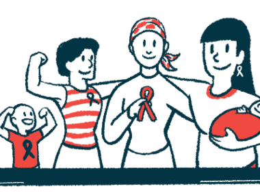 Three adults, one holding a baby, and a child celebrate awareness by embracing, flexing their muscles, and sporting Awareness ribbons.
