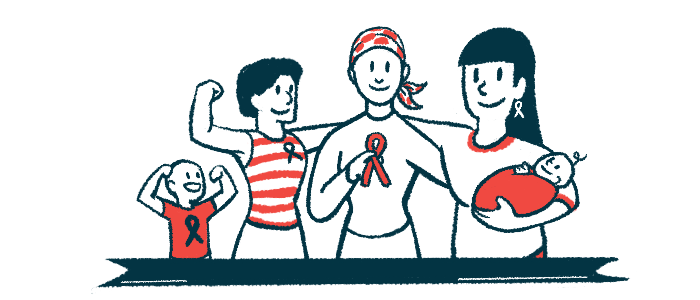 Three adults, one holding a baby, and a child celebrate awareness by embracing, flexing their muscles, and sporting Awareness ribbons.