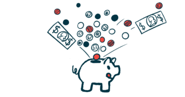 Coins and bills are seen dropping into the money slot on a pig-shaped bank that's licking its lips.