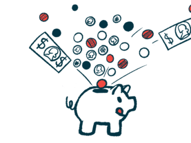 Coins and bills are seen dropping into the money slot on a pig-shaped bank that's licking its lips.