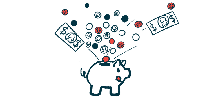 Coins and bills are seen dropping into the money slot on a pig-shaped bank that's licking its lips.